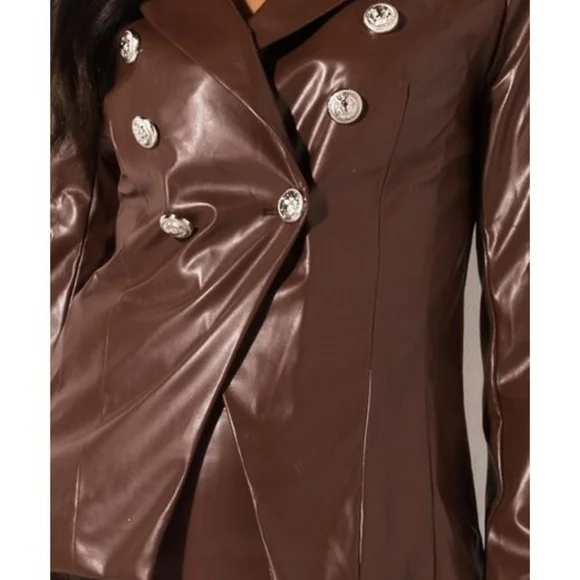 AKIRA SILVER METALLIC BUTTON FAUX LEATHER BROWN BLAZER NWT - Picture 7 of 16